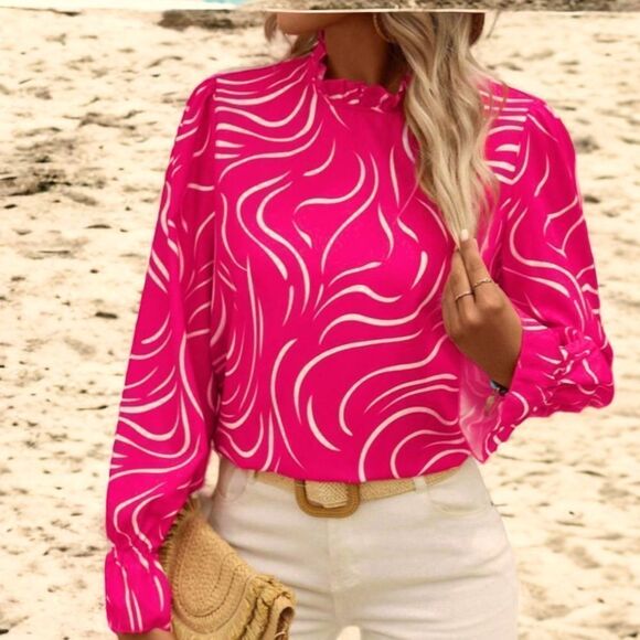 SHEIN NEW HOT PINK LUNE ALLOVER PRINT FLOUNCE SLEEVE FULL NECK BLOUSE TOP LARGE - Picture 1 of 6